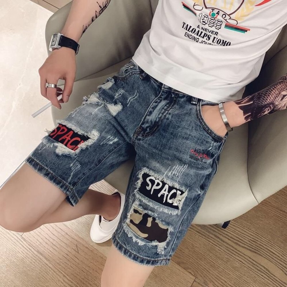 Ripped Denim Shorts Men's Crossed Pants  Korean St
